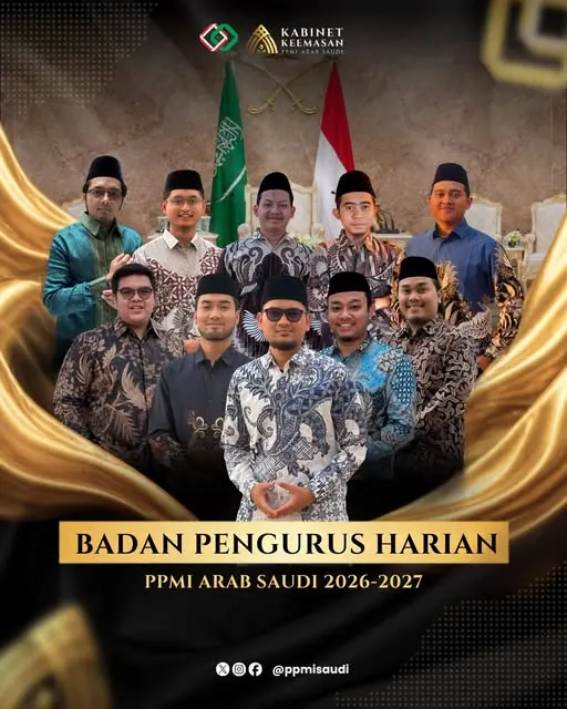 Foto bersama Badan Pengurus Harian Kabinet Keemasan PPMI Arab Saudi 2026-2027
